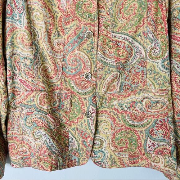 Vintage yellow pink blue linen paisley button boho coastal cottagecore jacket 8 - Picture 3 of 5